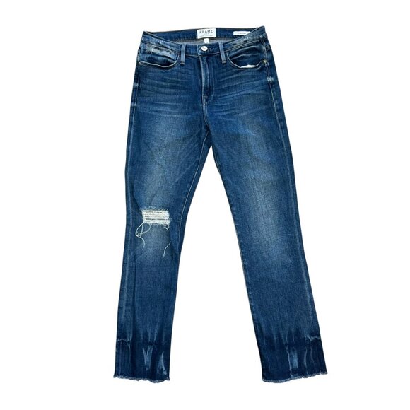 Frame Le High Straight Jeans Merriweather Wash Raw Hem Stretch Sz 27 - Picture 2 of 9